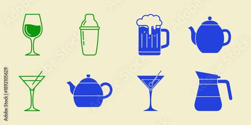 Blue and green of beverage glasses and teapots drink wine glass