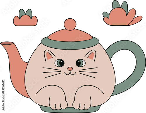 A charming vintage-style teapot designed as a cute cat with a lid for a hat. Features a soft pastel palette and elegant floral accents in the background