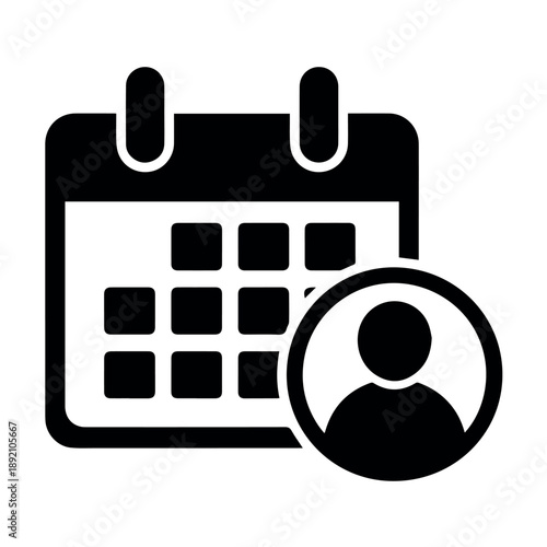 A black and white vector graphic of a calendar with a person's silhouette icon overlapping the bottom right corner of the calendar