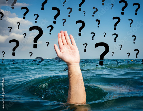 Hand Emerging from Water with Question Marks Symbolizing Ambiguity and Help