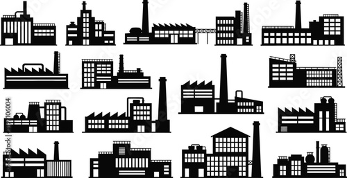 A collection of industrial factory buildings depicted in a stark black silhouette on transparent background high quality professional detailed modern elegant