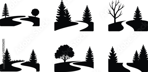 Nature landscape silhouettes set, winding road with trees, forest countryside scenes, minimal black outdoor illustration collection design
