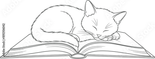 A charming line art illustration of a sleeping cat resting peacefully on an open book on transparent background silhouette high quality