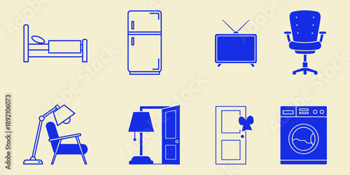 Blue line of household furniture and appliances on beige refrigerator office chair lamp