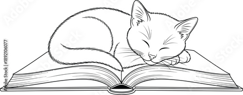 A serene illustration of a sleeping cat resting peacefully on an open book ideal for designs on transparent background silhouette