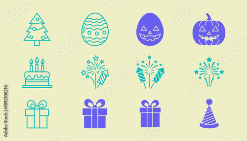 Colorful holiday including Christmas tree Easter egg jack o lantern birthday cake fireworks gifts and party hat
