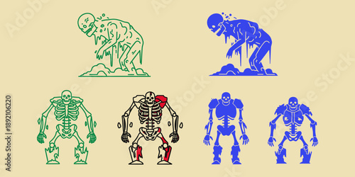 Colorful zombie skeletons in various poses and colors zombies green blue