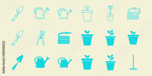 Cyan gardening tools and plants on cream background cyan cream background trowel watering can
