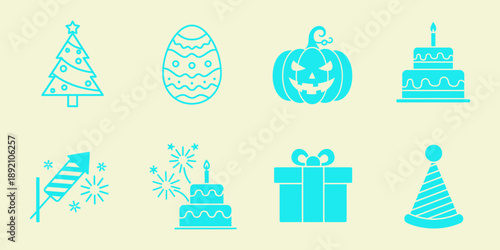 Cyan of holiday symbols and celebrations on cream background Christmas tree