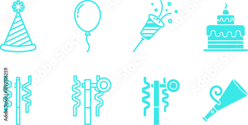 Cyan party including hat balloon noisemaker cake and confetti celebration birthday