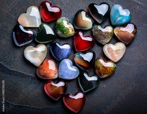 Colorful Heart-Shaped Gemstones Arranged on Textured Background in Artistic Composition