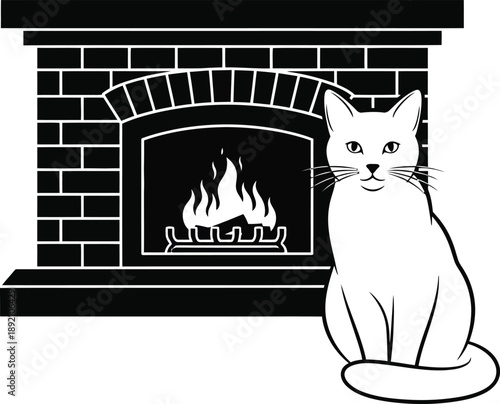 A charming black and white illustration of a cat sitting before a brick fireplace on transparent background silhouette high quality professional