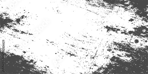 An abstract black and white grunge background features a textured ink splash pattern with dirty paint splatters and a dusty paper wall design for a vintage vector art wallpaper