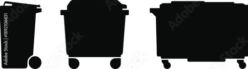 Garbage bin silhouette set, trash container collection illustration, black and white waste management vector, recycling disposal icons isolated design elements