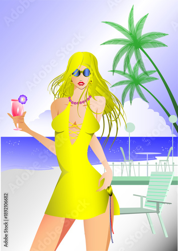 ビーチでカクテルを持つ女性