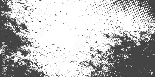 Abstract black and white grunge background design featuring a dirty ink splash texture with paint splatters and liquid brush drops in a vector illustration pattern