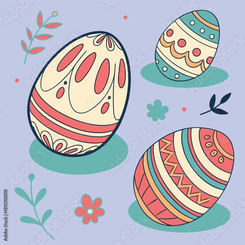 A seamless vector pattern featuring a colorful set of decorated Easter eggs with floral spring ornaments and holiday flowers on a vibrant blue and green background illustration