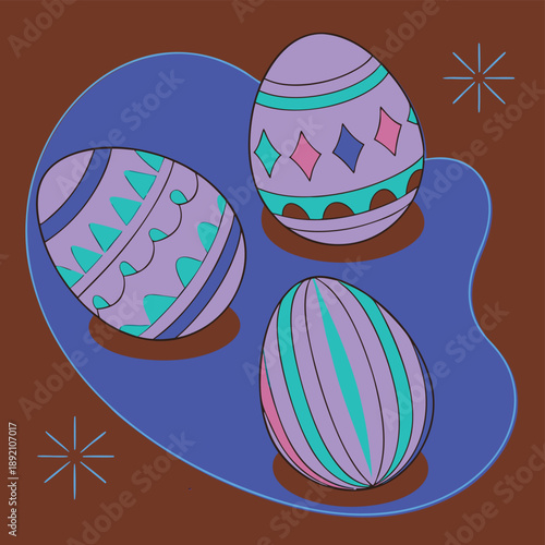 A colorful set of Easter eggs with ribbons and flowers in a basket creates a happy spring celebration vector illustration featuring festive patterns and holiday ornaments for a greeting card design