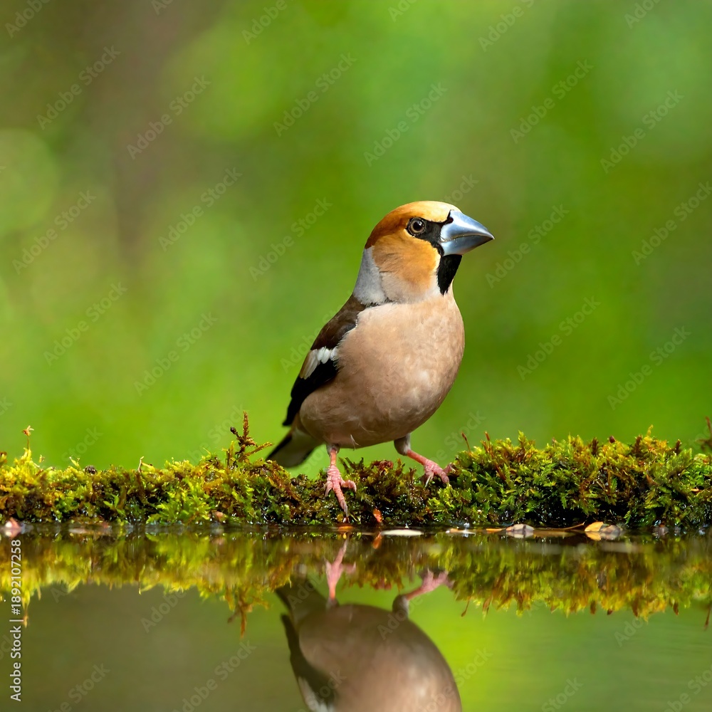 Obraz premium A small bird with brown and black feathers stands on a mossy ledge