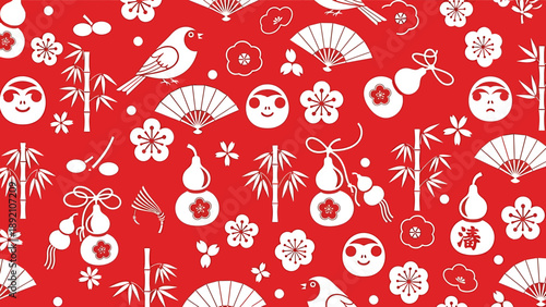Asian Cultural Symbols and Icons Pattern.