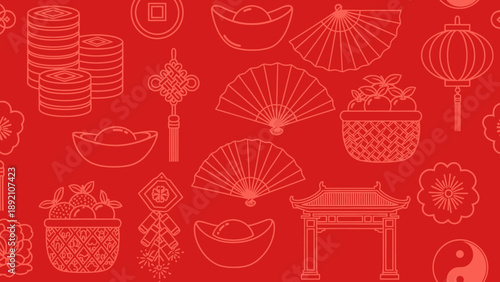 Chinese Cultural Symbols and Icons Illustration.
