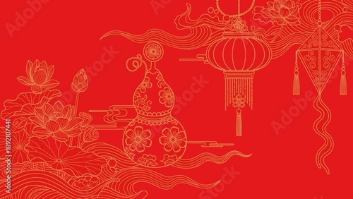 Chinese Lanterns and Mythical Creatures Illustration.