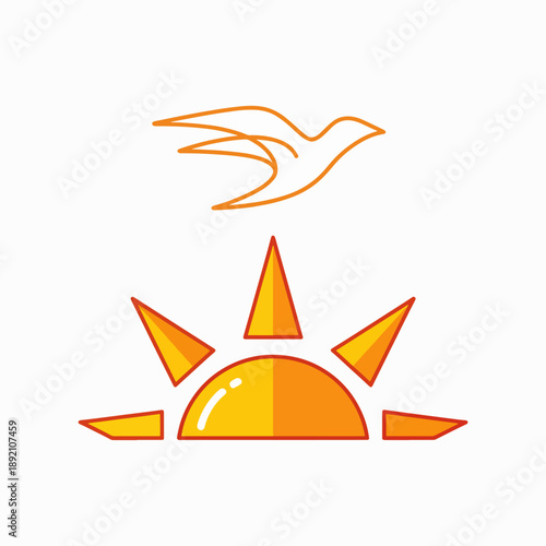 A stylized golden bird soars above a radiant sun rising over the horizon a symbol of hope new beginnings and enlightenment
