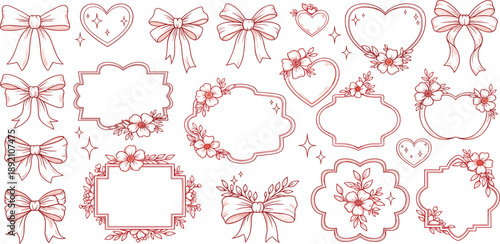Collection of ornate red frames and decorative bows in various shapes and designs for romantic themes