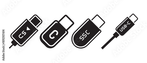 Connectors and Cables Icons Set Isolated on White Background.