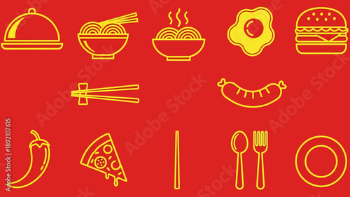 Food Icons Set on Red Background.