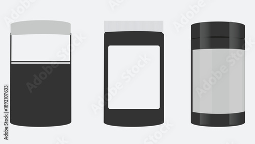 Black opaque pill bottle with blank white label for text, isolated on white background. Medicine containe