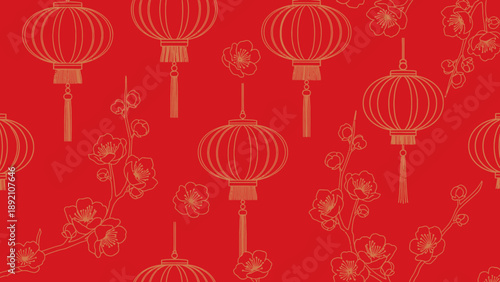 Golden Chinese Lanterns on Red Background.
