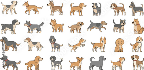 Collage of various dog breeds standing and sitting together in a grid pattern, viewed from the side.