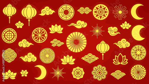 Golden Chinese Symbols on Red Background.