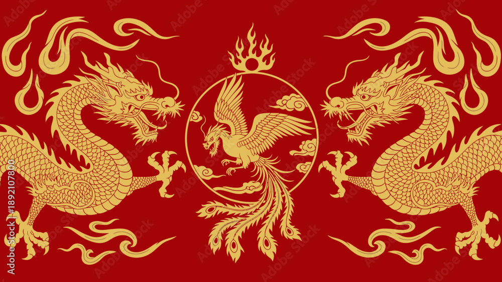 Fototapeta premium Golden Dragons in Traditional Chinese Design.