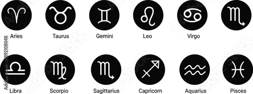 Twelve Zodiac Signs Symbols and Names in White on Black Circular Icons Representing Astrology and Horoscope Elements