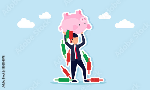 Businessman turning over piggy bank to release part of candlestick illustration of taking profit or withdrawal from stock market trading
