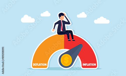 Businessman panicking while sitting on indicator level pointing to inflation area illustration of global economic inflation or macroeconomic conditions