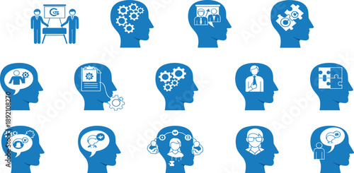 Array of human head silhouettes with various thought and communication icons inside, symbolizing ideas and discussions, displayed in a grid pattern on a simple background