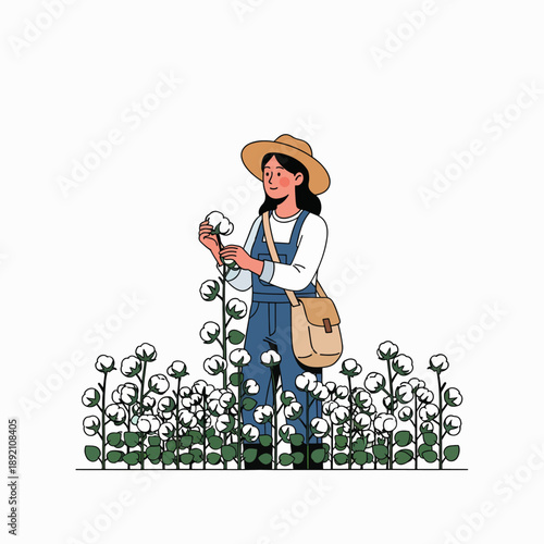 A Farmer Woman Wearing Overalls and a Straw Hat Harvesting Cotton in a Field