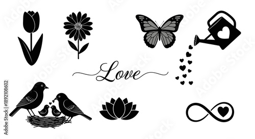 Black and white floral and fauna illustration with the word love