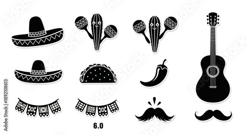 Mexican themed icons including sombreros maracas and traditional foods