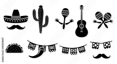 Mexican themed icons including a sombrero cactus and musical instruments