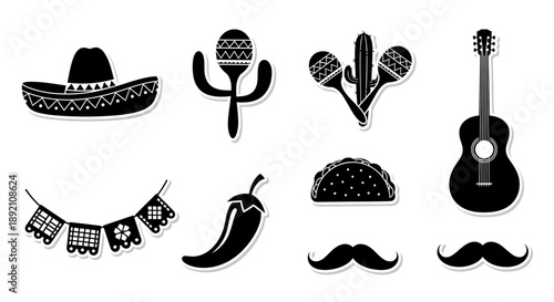 Mexican themed icons sombrero maracas chili pepper and other elements