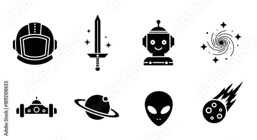 Space exploration icons astronaut robot alien and celestial objects