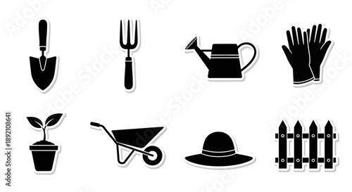 Gardening tools and elements depicted in a simple black and white style