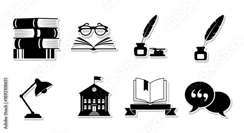 Study icons books glasses quill and academic building elements