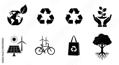 Environmental sustainability icons depicting earth recycling and renewable energy