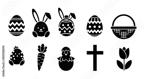 Black and white easter icons featuring eggs bunnies and spring elements