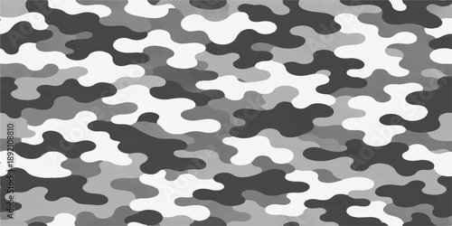 Seamless military camouflage vector pattern featuring a black and white textile texture design for modern wallpaper and fabric decoration